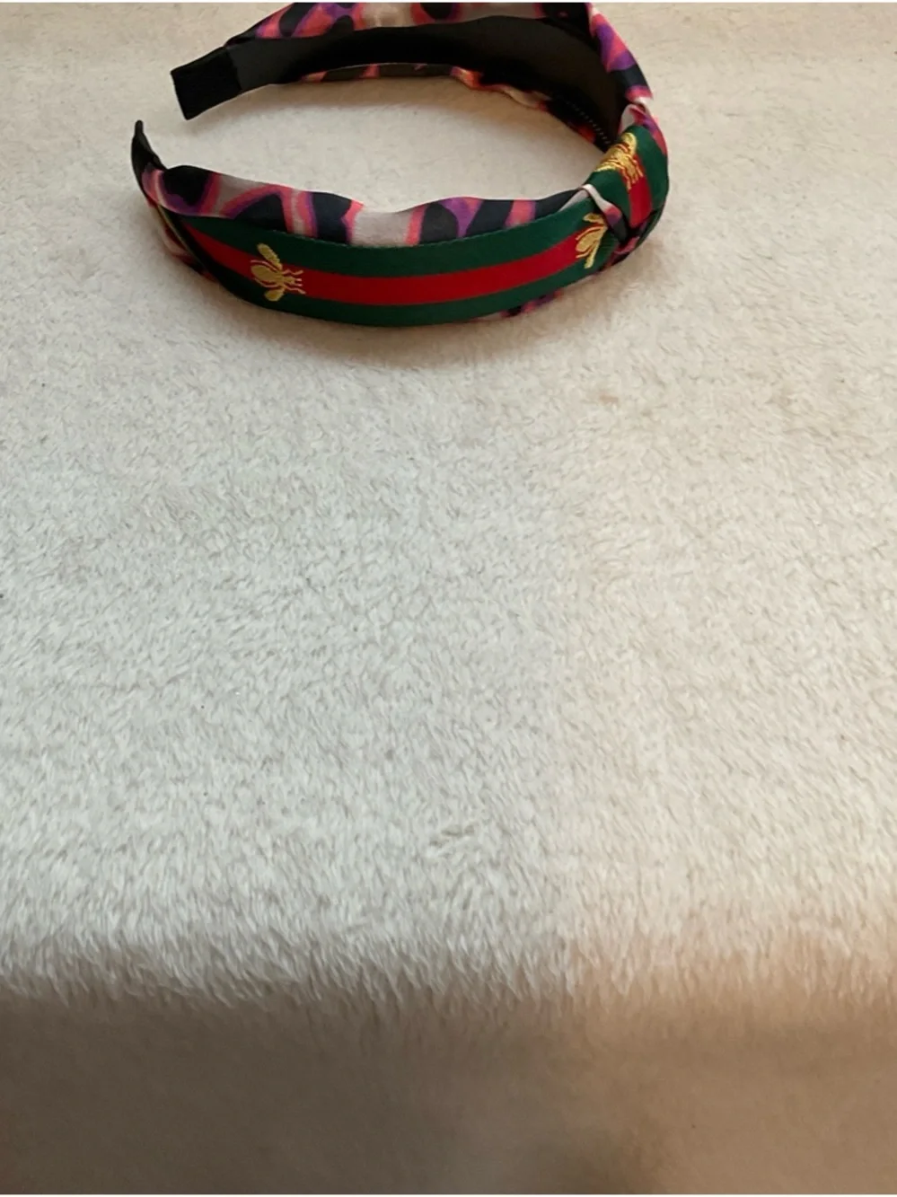 Knotted Satin Headband in Green and Red with Gold Embroidery